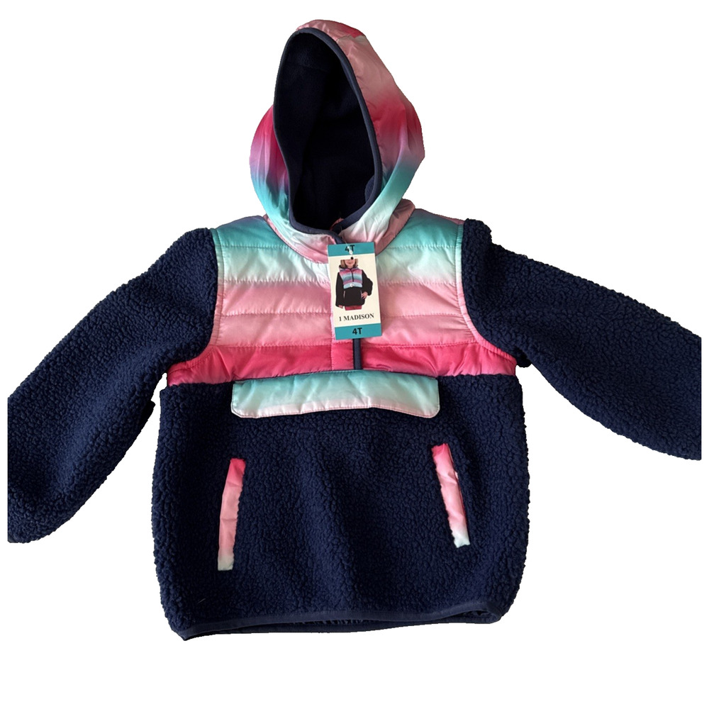 I Madison NWT Girls 4 Toddler Pink Ombré Hooded Sherpa Fleece Pullover Jacket